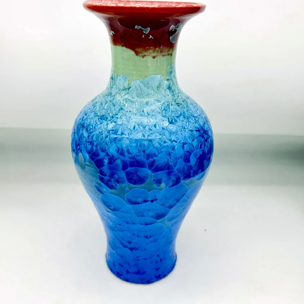 Jingdezhen Home Vase 12in Ceramic Crystalline Glaze Blue Red Flared
